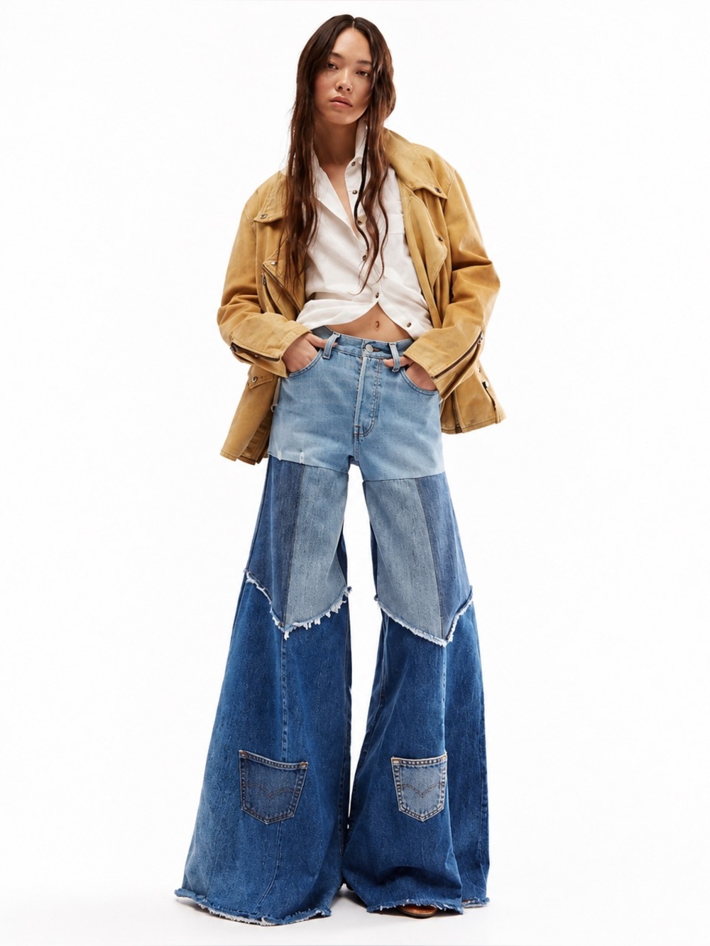 Free People x Tricia Fix Reworked Patchwork Denim 501 Levi Bell Jeans Wide Leg